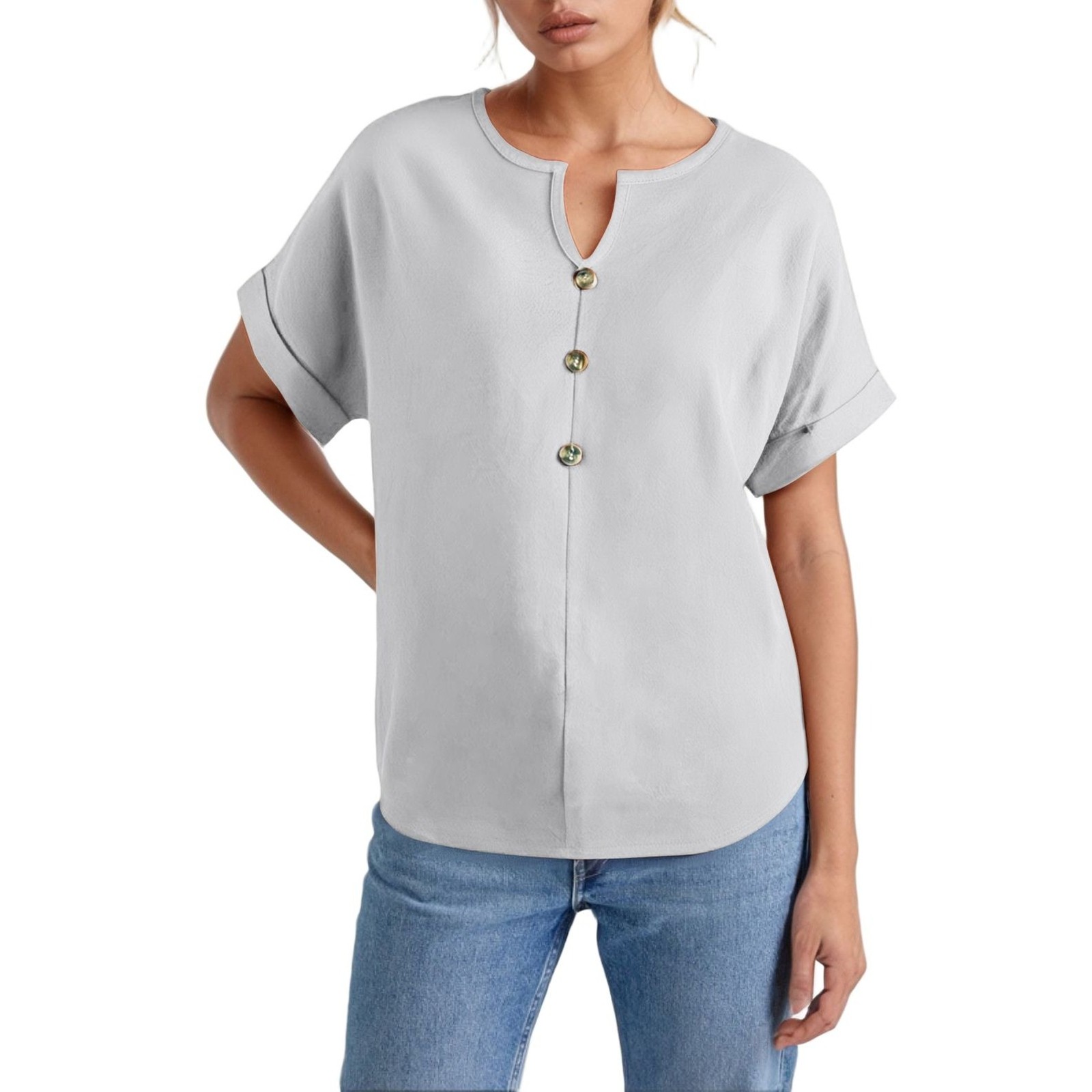 thumbnail image 1 of Camiseta de manga corta con cuello en V y botones para mujer - Top informal de color liso - Botones en la parte delantera, ajuste holgado - Para todas las estaciones, 1 of 5